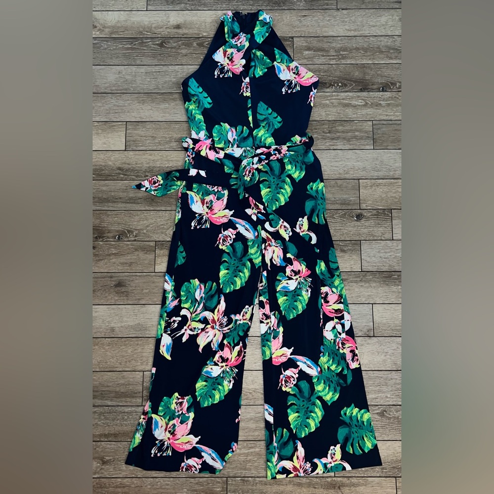 Tahari ASL tropical Jumpsuit in Navy and Green